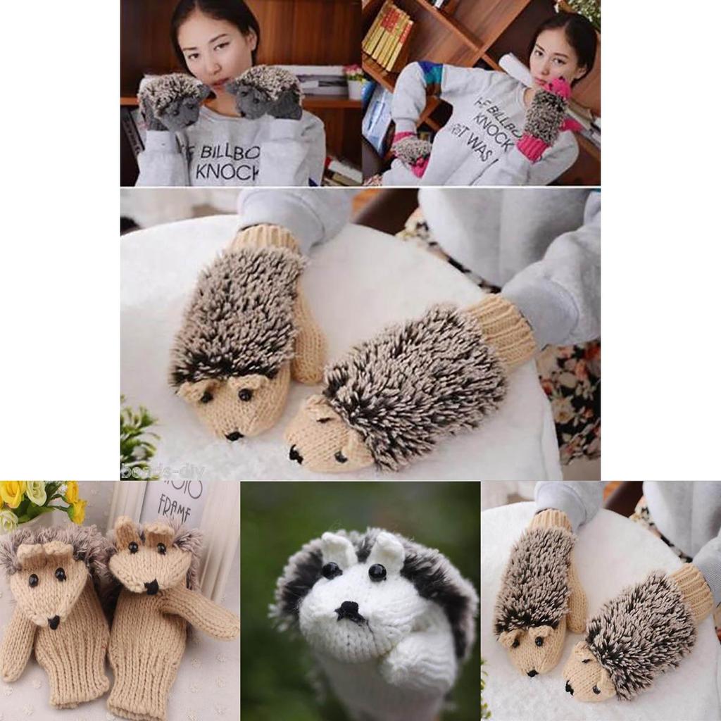 Cozy Women Girls Warm Cartoon Hedgehog Gloves Soft Knitted Winter Mittens