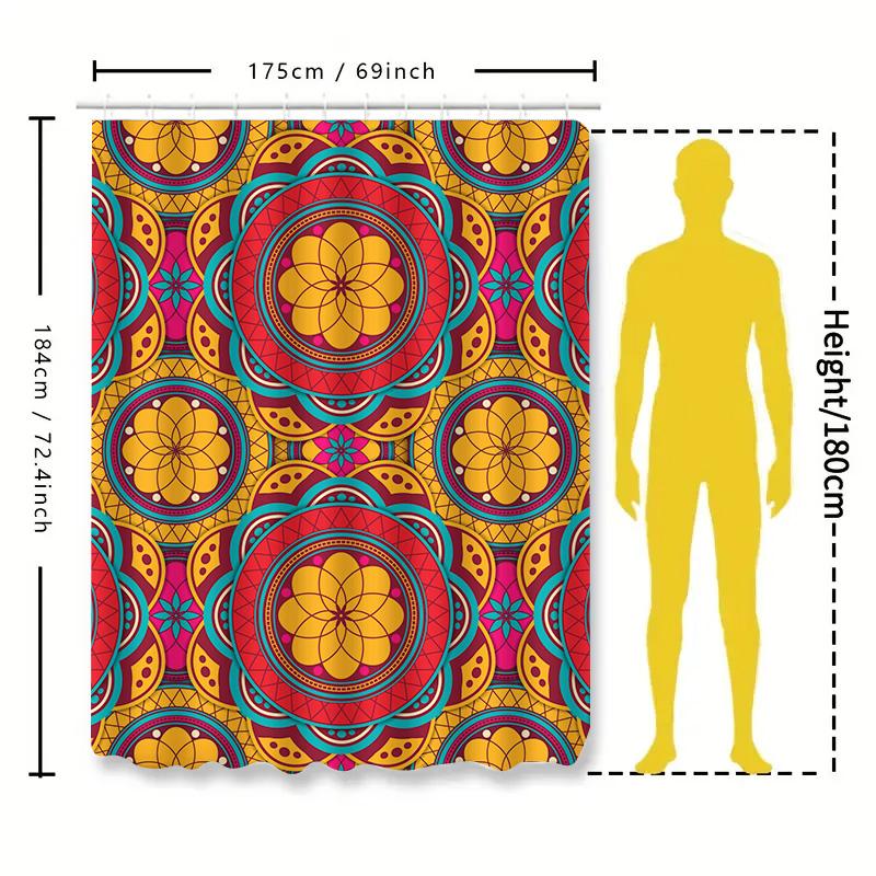 Colorful Mandala Shower Curtain Extra Long Printed Waterproof Bath Mat Set For Home Decor Bright Red Yellow Blue Design (84 X 72