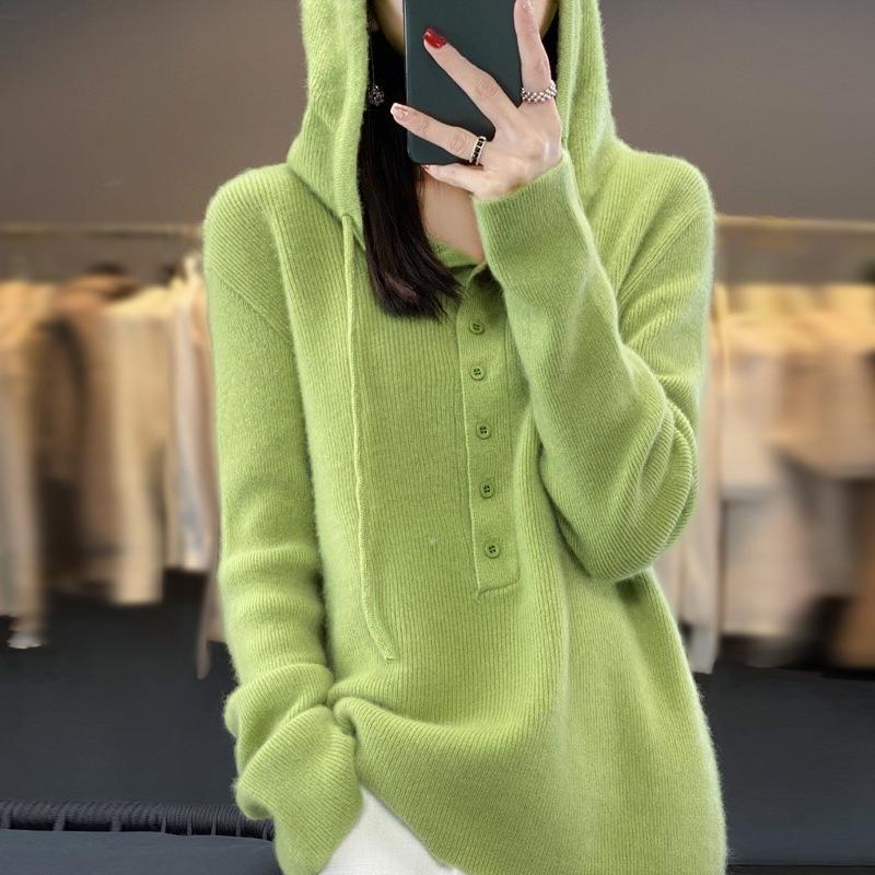 Autumn and Winter Women's Hooded Sweater Candy Color Single Breasted Hooded Knitted Base Sweater