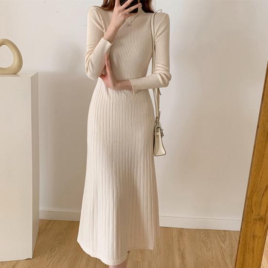 Women's Knitted A-Line Dress Half High Neck Long Sleeve Knee-Length Dress Winter Ribbed Sweater Dress Ladies Office Outfit