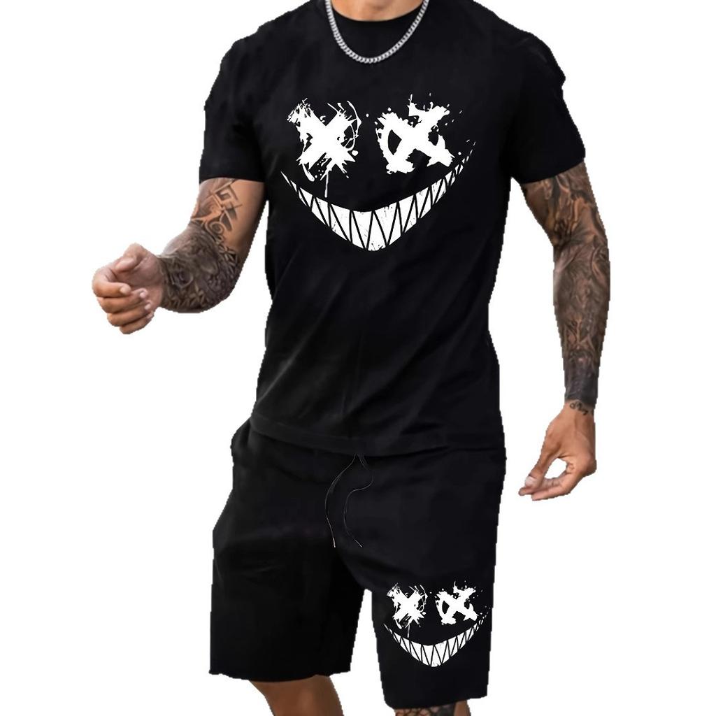 Men's Summer Black Trend American Street Casual Fashion Smiley Face Printed Short Sleeve Shorts Set