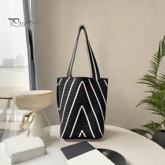 Women Shoulder Bag Wave Braided Texture Contrast Color Large Capacity Open Design Lightweight Portable Handbag for Daily Travel Commuting