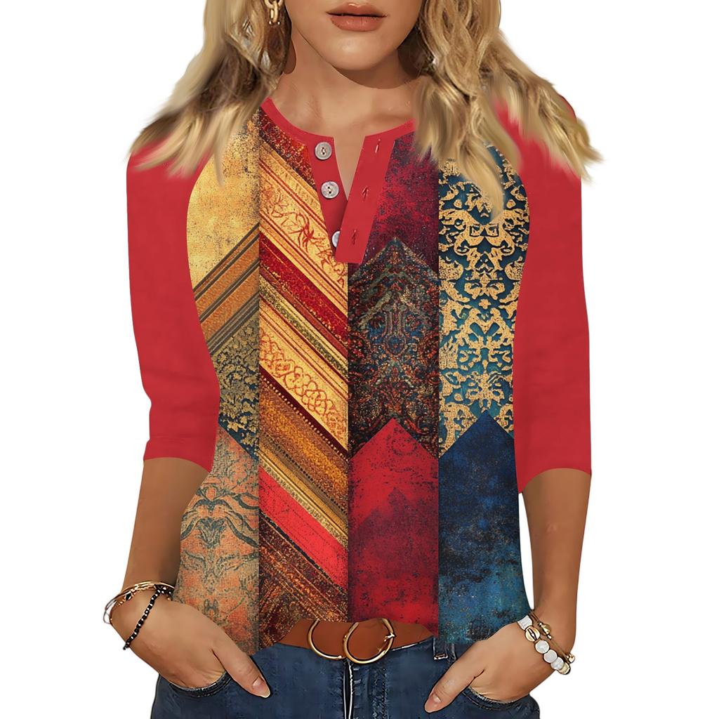 Women's Tops Three-quarter Sleeve V-neck Button Printed Imitation Cotton T-shirt