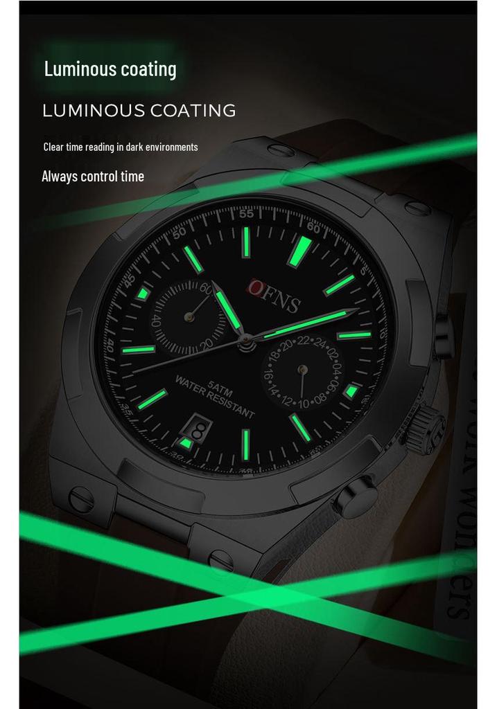 OFNS Men's Fashion Quartz Watch: Youthful Design with Calendar, Waterproof, Multi-Functional Wristwatch