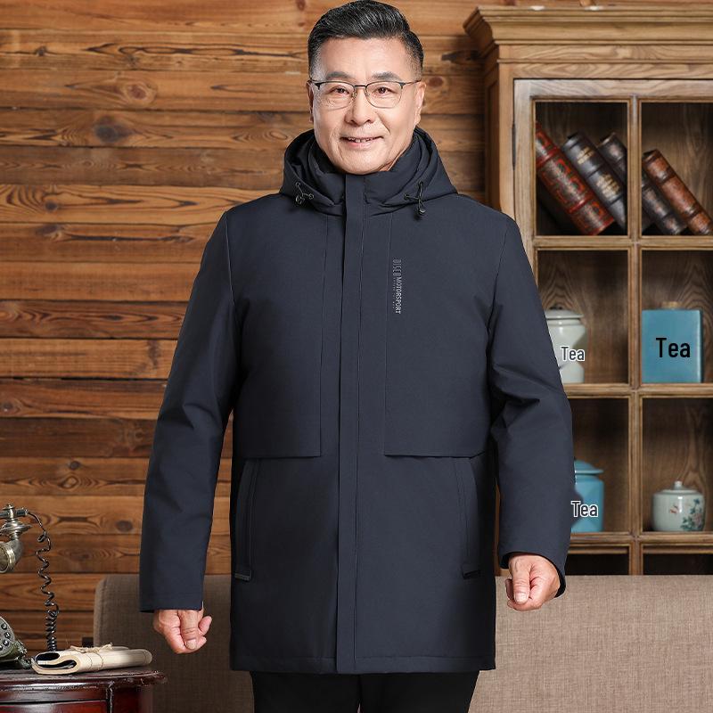 

Высококачественная мужская куртка на гусином пуху со съемной подкладкой и капюшоном для мужчин среднего и пожилого возраста 4XL темно-синий