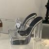 Summer Fashion Silver CRYSTAL PVC Transparent Platform Slippers Women Open Toe Square Heel Sandals Dance Ladies Shoes
