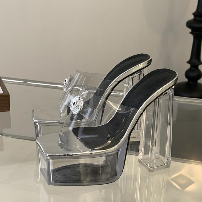 Summer Fashion Silver CRYSTAL PVC Transparent Platform Slippers Women Open Toe Square Heel Sandals Dance Ladies Shoes