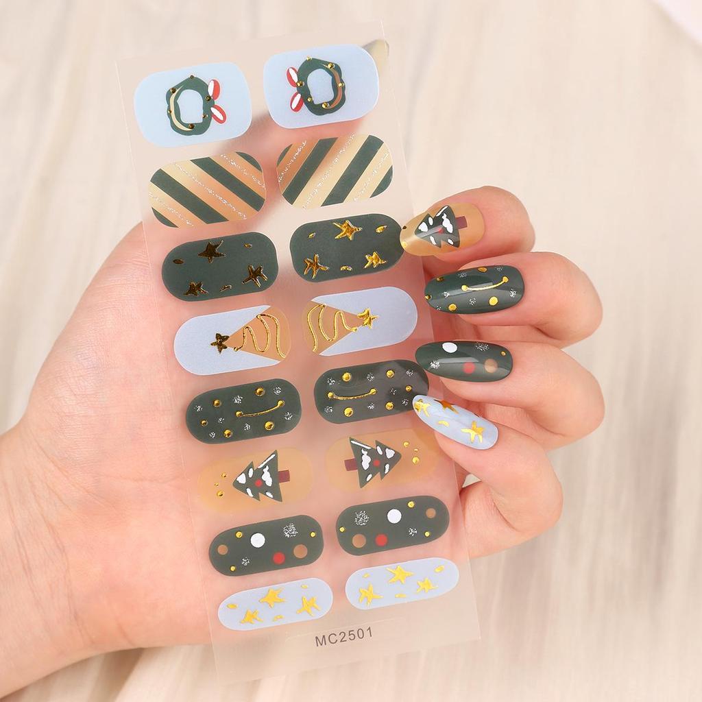 16-Piece European/American Christmas Gel Nail Stickers – No-Bake, French Manicure Style