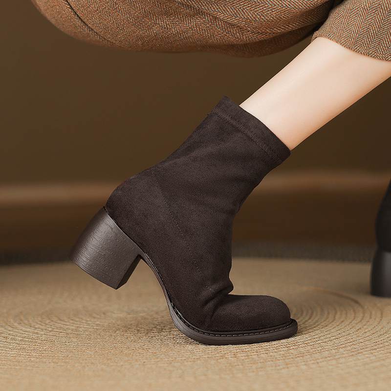 Krazing Po Flock Winter Round Toe Size 33 Western Boots Size 43 Thick High Heels Concise Style Ankle Boots