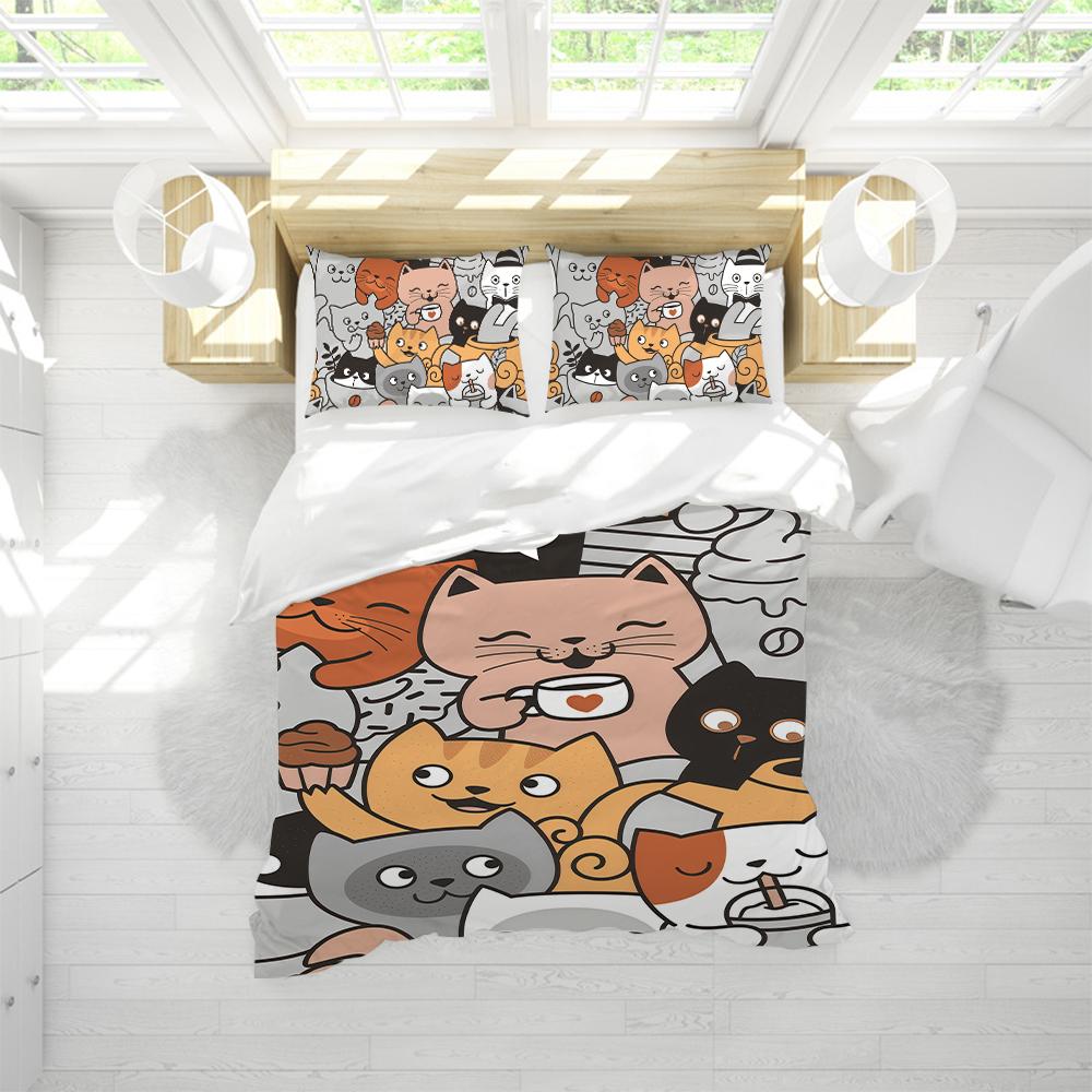 Funny Cats at Cafe Paws Duvet Cover Set Soft Wash Bed 3 Piece Summer Comfortable Student Dormitory Home Baby Bedding Best seller