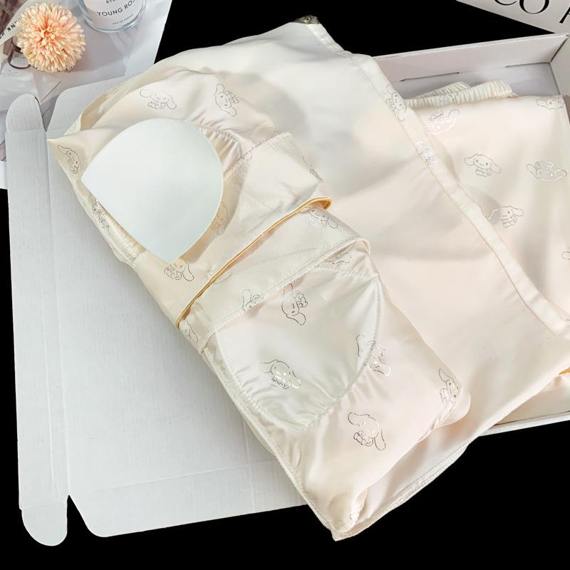 Women's Ice Silk Pajama Set: Built-in Bra, Silver Cinnamon Dog & Cat Top, Shorts & Long Pants