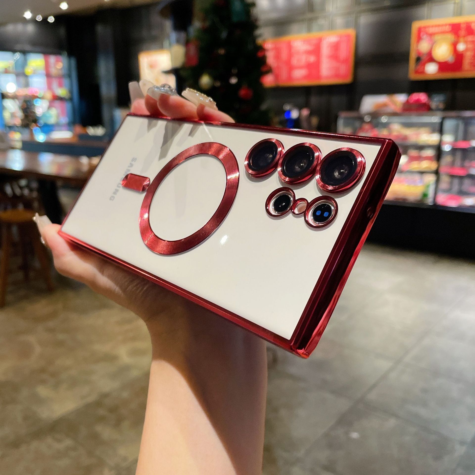 

Подходит для Samsung S24Ultra гальванизированный прозрачный чехол для телефона Magsafes магнитная присоска S23+с пленкой для линз 22 мягкая оболочка Samsung Note20Ultra красный