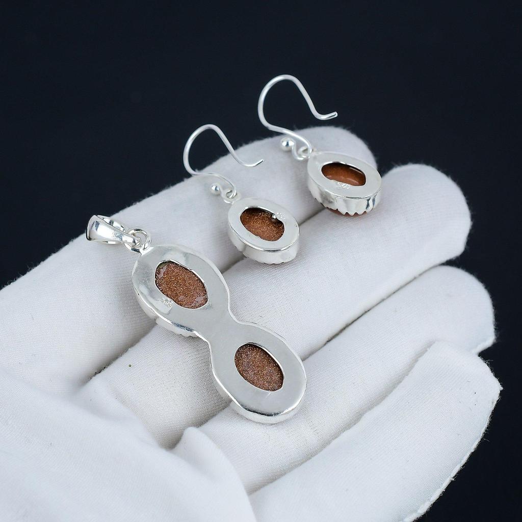 Natural Red Sunstone Pendant Set, Red Sunstone Gemstone Handmade 925 Sterling Silver Earring Pendant Set For Women Pendant Party Wear Gift