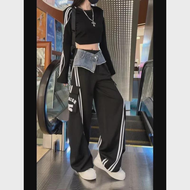 Women's Striped Denim Overall Pants with Pockets - Fall Fashion Wide-Leg Style