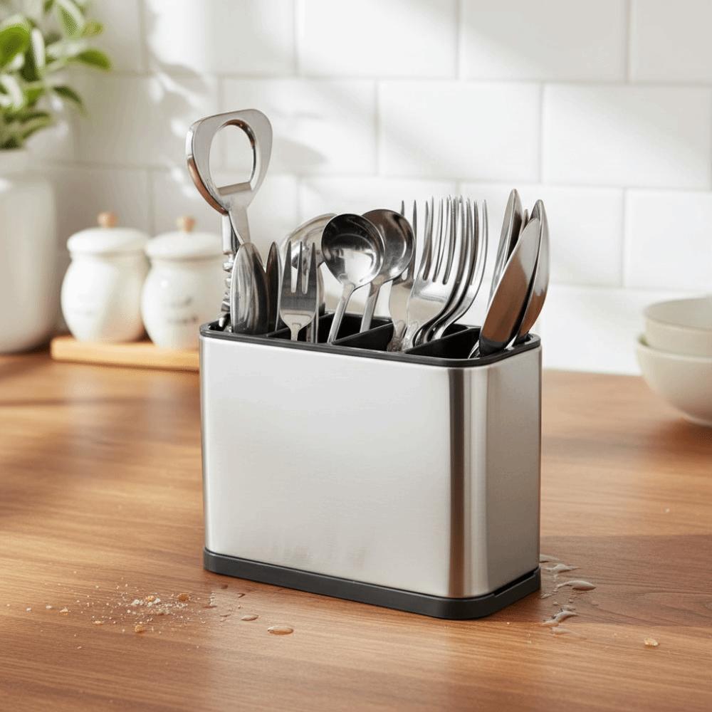 Drainable Kitchen Cutlery Organizer Stainless Steel Spoon Storage Rack  Countertop