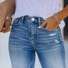 Ladies' Solid Color Casual Pants Versatile Slim Fit Straight Leg Denim Jeans With Holes