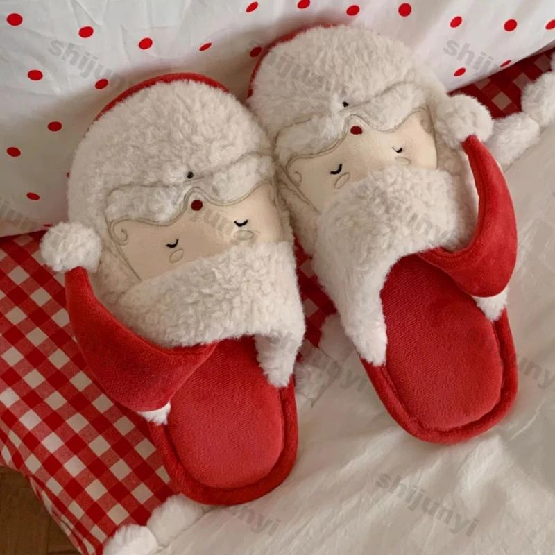Fashion Winter New Cute Christmas Cotton Slippers for Woman Casual Warm Plush Anti-slip Girls Indoor Home Floor Fashion Party Slides