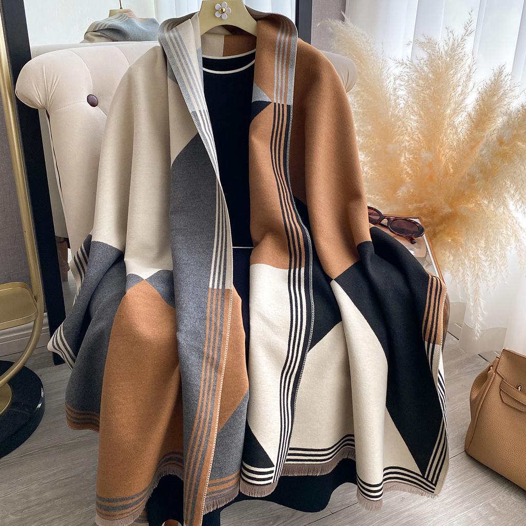Elegance Two-Sided Print Scarves Soft Warm Fringe Pashmina Shawl Autumn and Winter Outdoor Coldproof Windproof Blanket Scraf