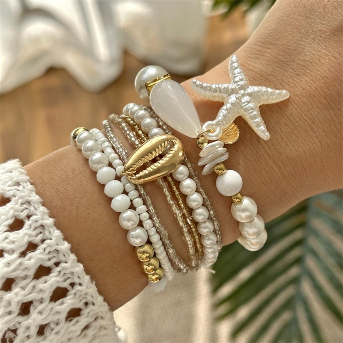 

Resin Coral Shell Starfish Irregular Imitation Pearl Bracelets For Women Men Multilayer Beach Turtle Bangle Summer Jewelry