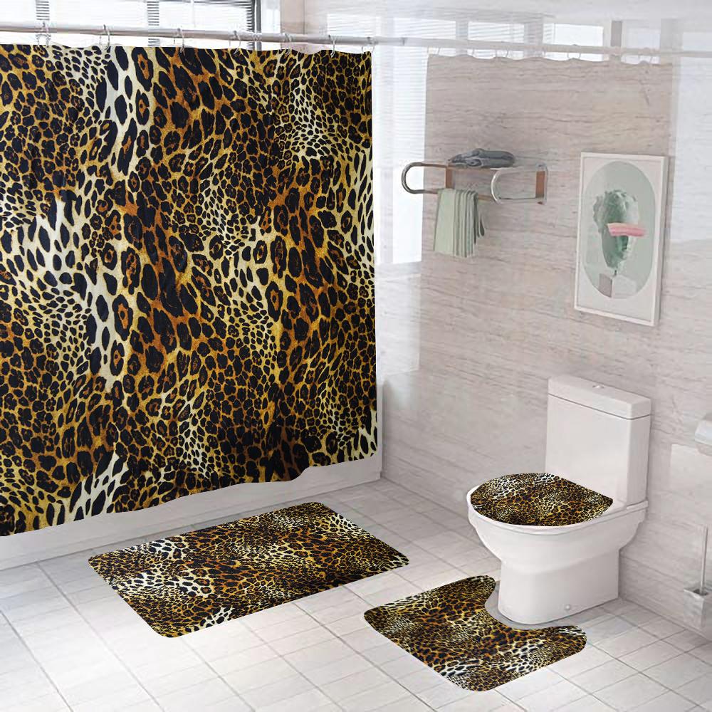 3D Modern leopard Pattern Shower Curtains Bathroom Decor Bath Curtains Set Non-slip Bath Mats Pedestal Rug Toilet Seat Cover
