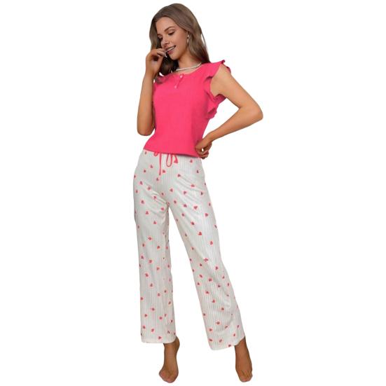 Women's Heart Print Pants Pajama Set Crewneck Ruffle Cap Sleeve And Long Pants 2 Piece Sleepwear Set Soft Lounge Pjs Set