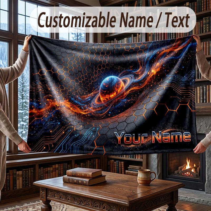 Space Cosmic Theme Throw Blanket Custom Name Text Personalized Blanket Soft Cozy Blanket for Home Sofa Bed