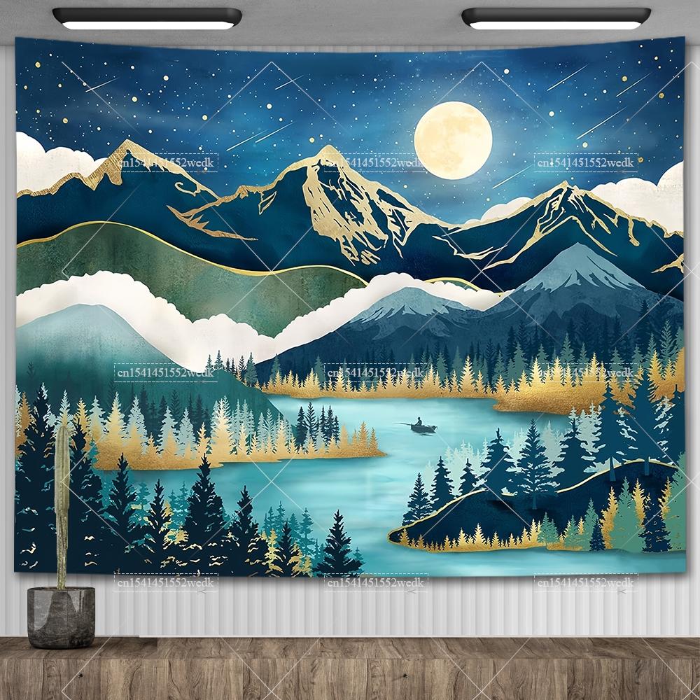 Boho Mountain Tapestry Landscape Tapestry Moon Starry Night Wall Hanging Tapestry Aesthetic Room Decor Backdrops Yoga Meditation