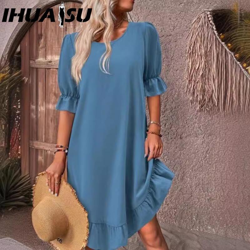 

IHUASU Женская мода Лето Весна Однотонный принт Короткий рукав V-образный вырез Завышенная талия Повседневные платья XXXL джинсовый синий