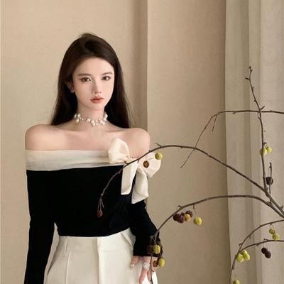 Πουλόβερ Off Shoulder Γυναικεία Y2k Ρούχα Γυναικεία Γαλλικά Κομψά σέξι λεπτά ελαστικά πουλόβερ Άνοιξη φθινόπωρο με φιόγκο με κάθετο λαιμό