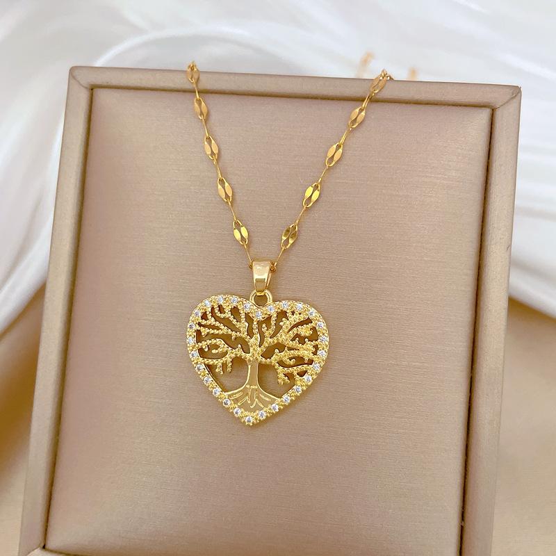 Love Life Tree Light Luxury Temperament Gorgeous Full Diamond Necklace Female Versatile Collarbone Chain Titanium Steel Chain
