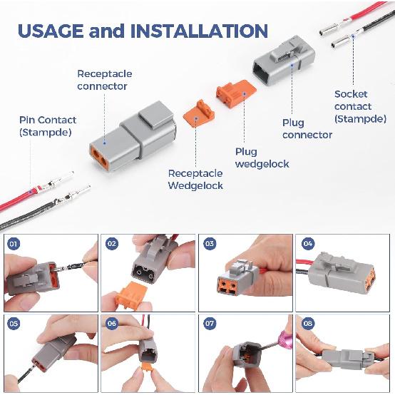32 PCS Deutsch DTP Connector Kit 2 Pin Automotive Waterproof Connectors 4 Sets With Size 12 Stamped Contacts Gauge 14-12 AWG Wire Size,25A