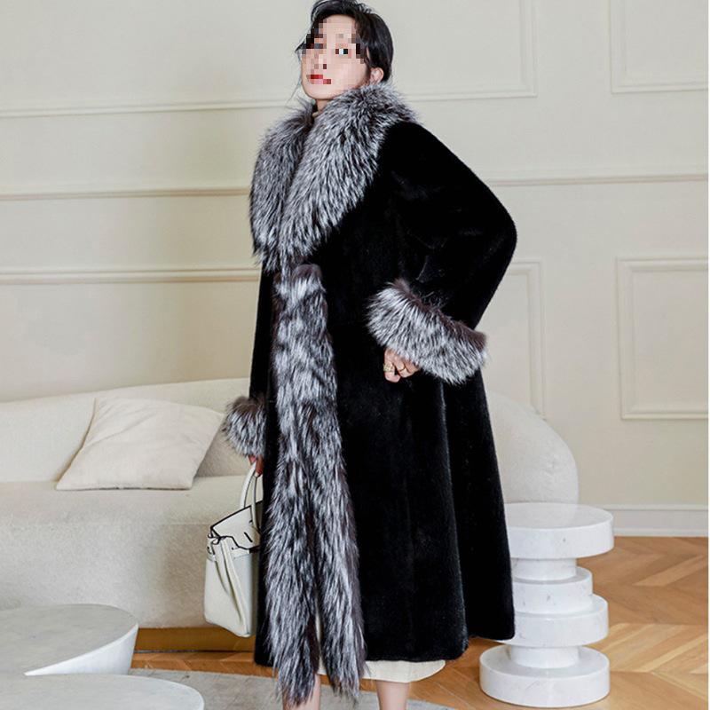 Women's Mink & Fox Fur Trench Coat - Long, Warm, Casual Plus Size Winter Coat with Large Collar