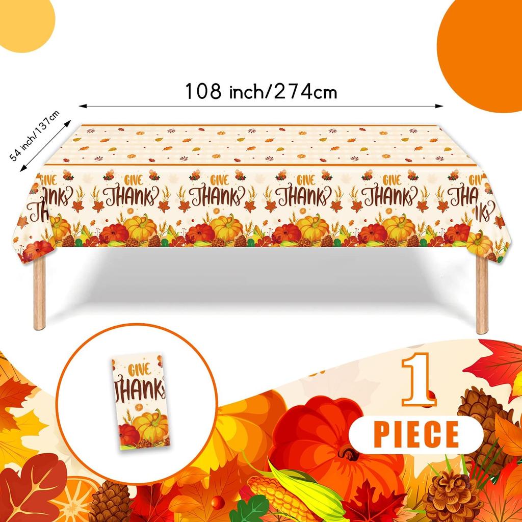 PARSUP 1 Pack Thanksgiving Disposable Tablecloth Party Supplies, Autumn Theme Pumpkin Maple Leaves Fall Tablecloth Plastic Waterproof Tablecover