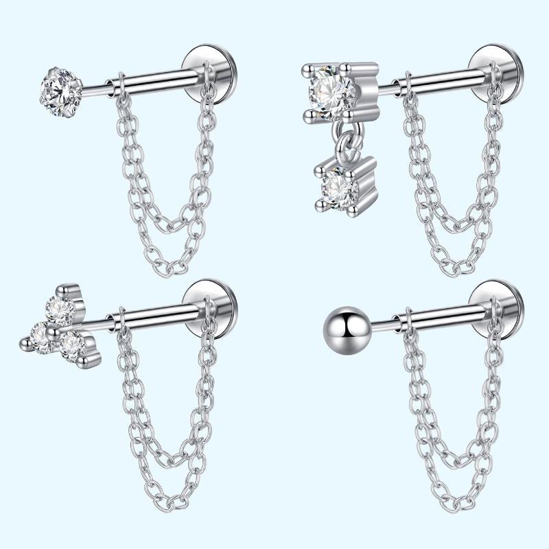 4Pcs Dangle Flat Back Earrings With Chain, Threadless Stainless Steel Push-In Cartilage Helix Tragus Nose Piercing Jewelry