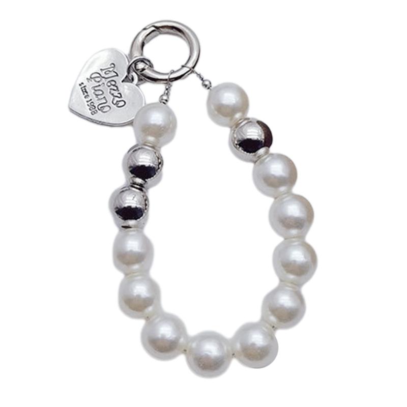 

Heart Flower Charm Leychain with Pearl Bead Wristlet Easy Carrying Short Chain Keychain Beaded Phone Lanyards for Women 1