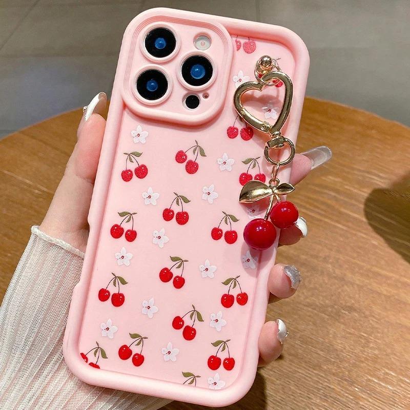 Red Cherry Pattern Silicone Phone Case For 17 16 15 14 13 12 11 Pro Max 17 Air 16E XS X XR 7 8 Plus Cherry Chain Cover