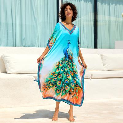 Beach Kaftans Peocock Butterfly Feather Printed Cover Ups for Swimwear Women Maxi Dresses Holiday Bathing Suits