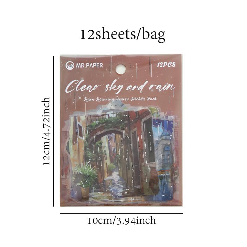 12pcs/bag PET Sticker Pack Romantic Rainy Season Window Night View Pattern Atmosphere Stickers DIY Envelope Gift Memo Decoration