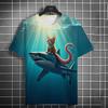 Summer Round Neck Ocean Cat Pattern 3D Print Top Fashionable Casual Short Sleeved Men's T-shirts