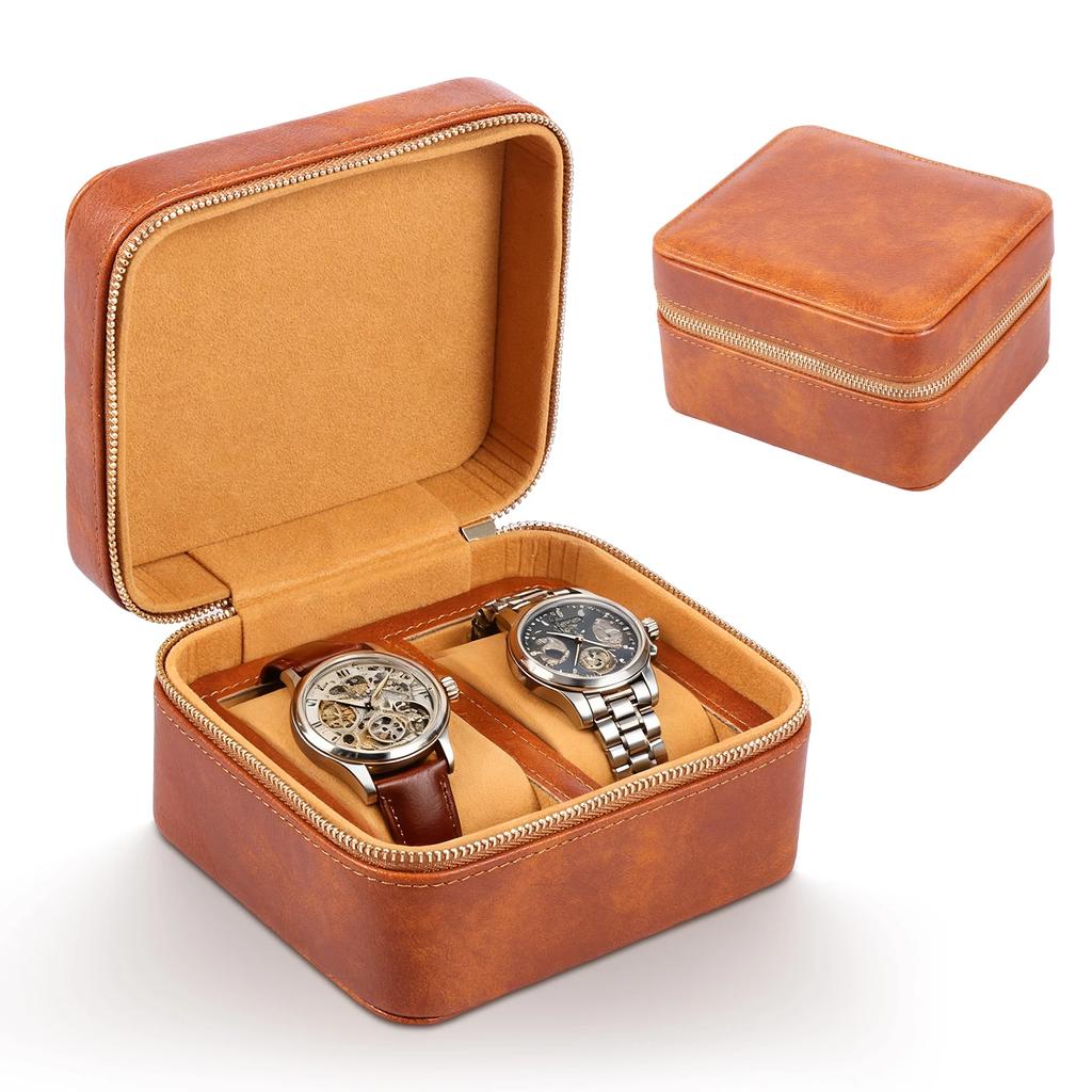 2-Schlitz Uhrenbox Organizer Uhrenrolle Reiseetui Tragbar Vintage Leder Uhrenaufsteller Aufbewahrung Herren Damen Geschenk