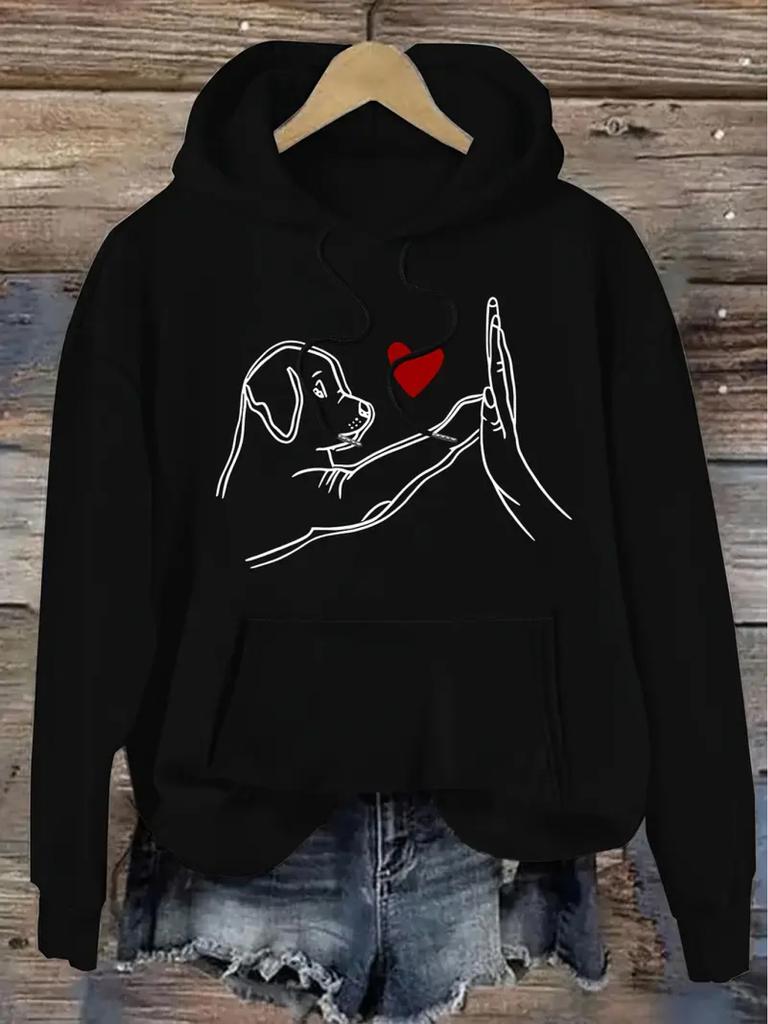 Women's autumn and winter casual loose warm personalized cat pattern printed suede long sleeved hooded sweatshirt