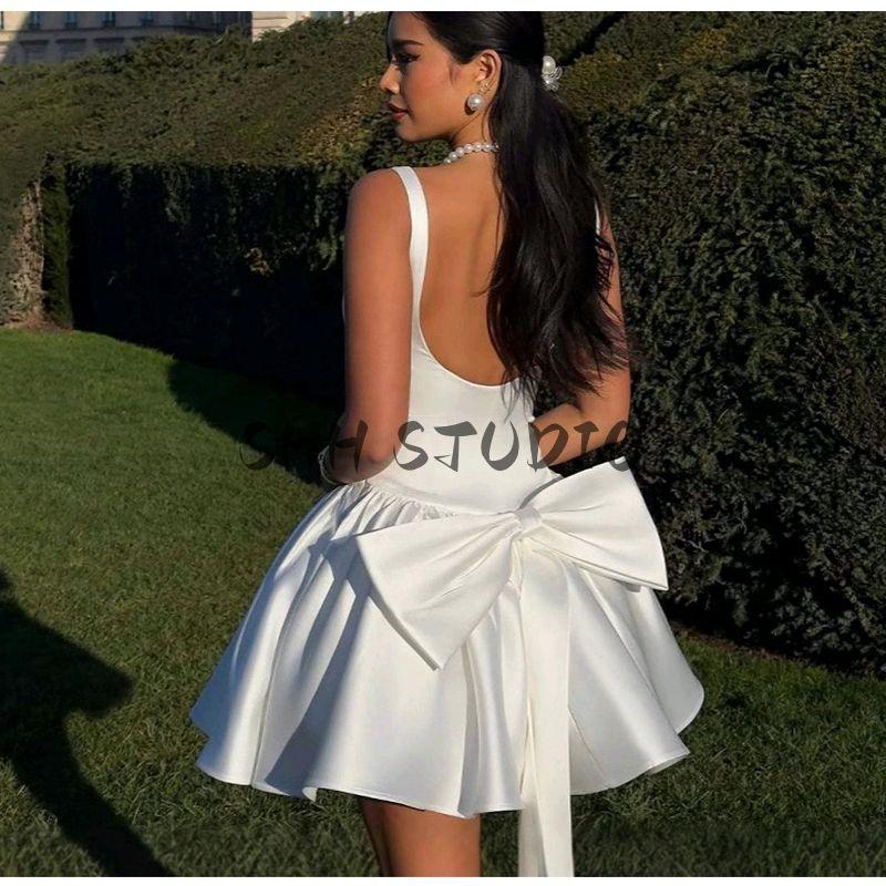 Spring New Women's Clothing Vacation Style U-Collar Open Back Bowknot Decoration Sleeveless Short A- Type Sling Dress