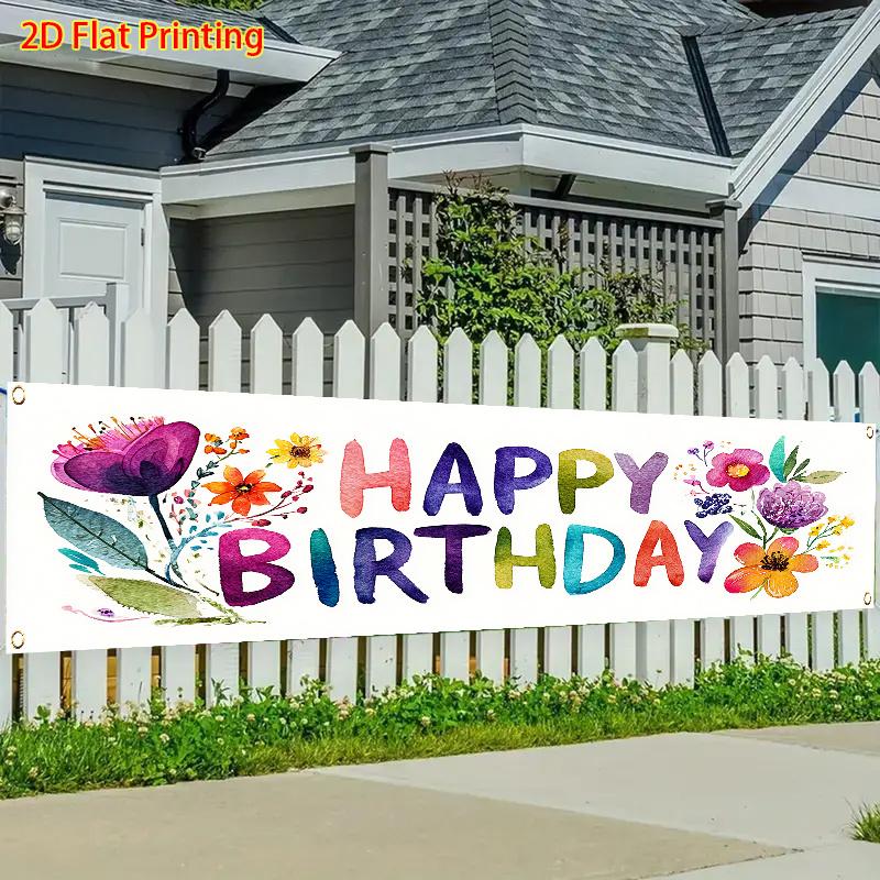 Happy Birthday Banner, Flowers & Happy Birthday Letter Design, Polyester Outdoor Lawn Wall Holiday Party Decoration