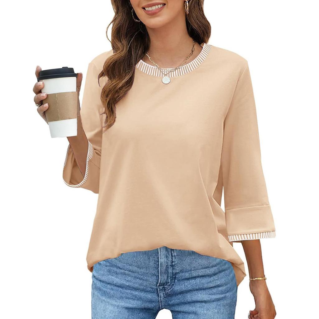 Women's Fashion Loose Round Neck Clashing Colour T-Shirt Seven Sleeve Top