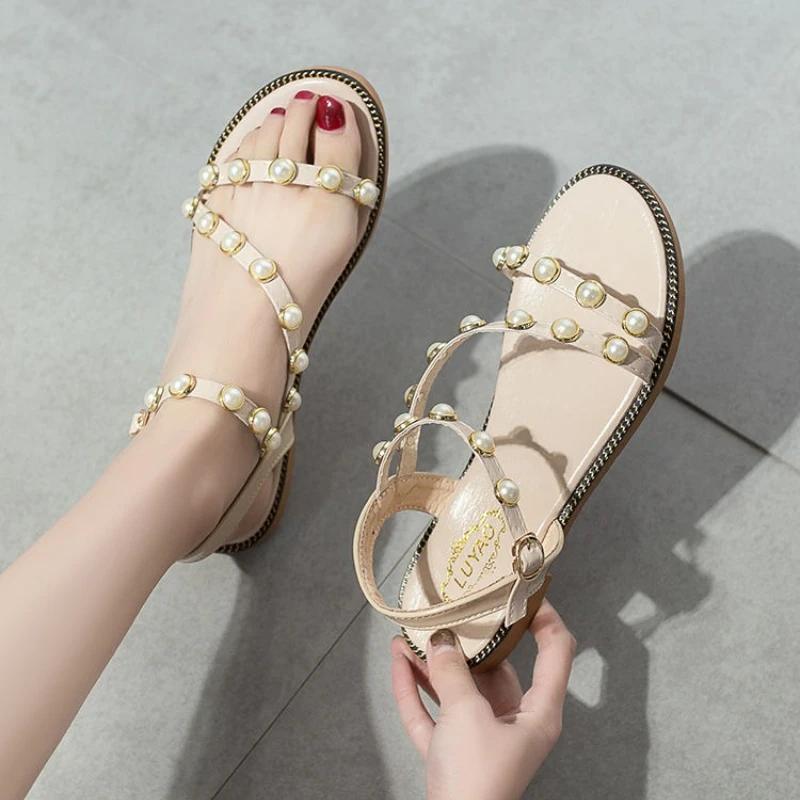 Fashion Women's Sandals Comfortable and Elegant Pearl Buckles Ladies Shoes Sales Pvc Asian Size Sandal Anti Slip Hot Low Price Footwear