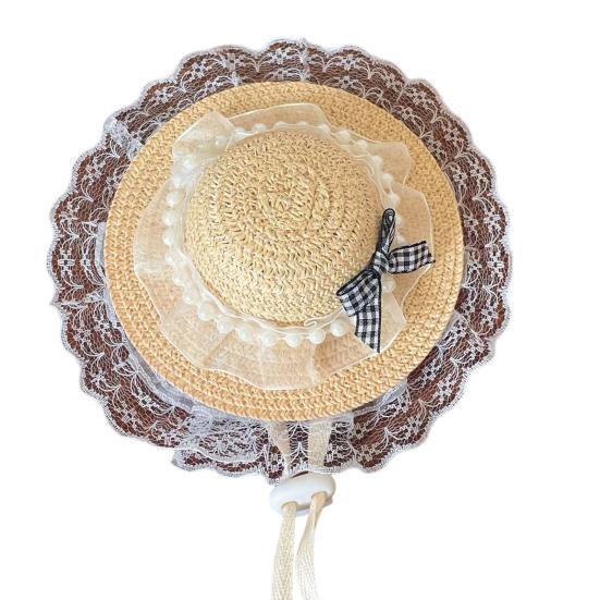 Mini Pet Straw Hat with Lace Adjustable Sun Protection Straw Hat with Bow Handwoven Outdoor Pet Accessory for Small Cats And Dogs