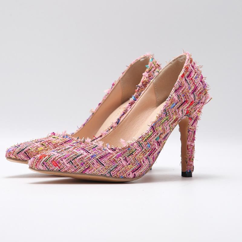 

European and American Fashion High Heels for Women 2026 New Fine Heel Pointed Knitted Wool High Heels for Large Women s Shoes 35 розовый