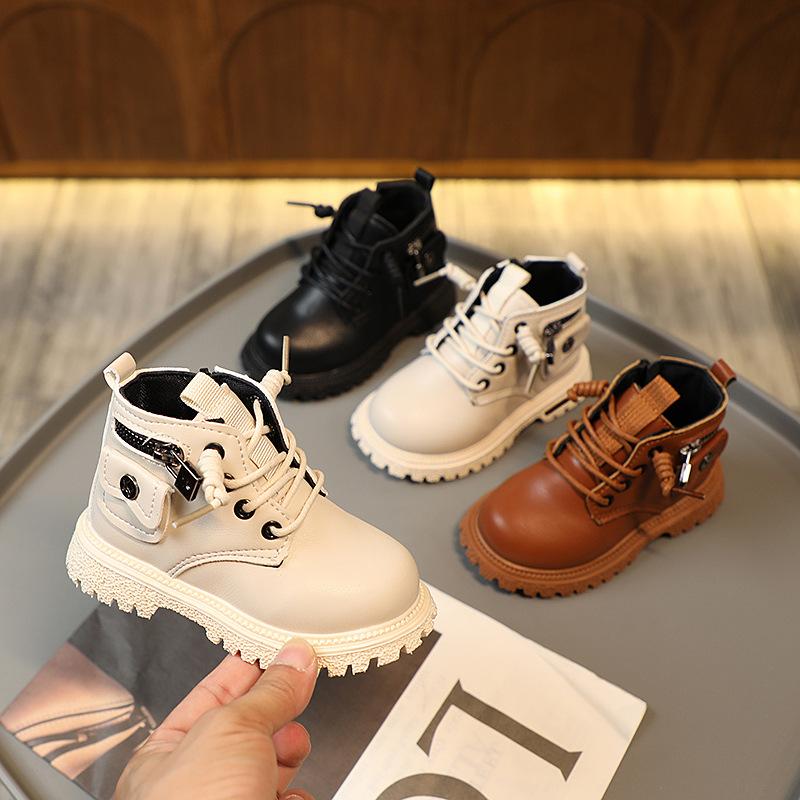 Handsome Lock Zipper Motorcycle Boots for Kids Girl Spring Autumn Designer Pocket Children Shoes Boys Ankle Boots H01083