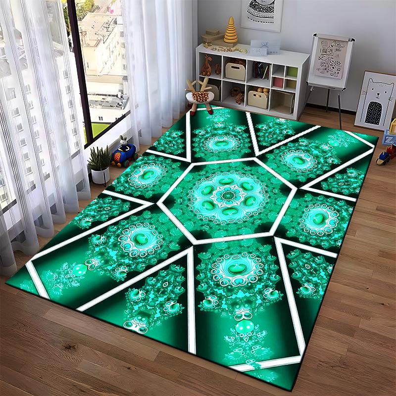 Geometric Mandala Pattern Green Carpet, Abstract Modern Style Rug Suitable for use as an anti-slip for living room bedroom sofas