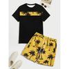 2-piece Men's Casual T-shirt Shorts Set with Tropical Printed Pattern Round Neck Short Sleeved Top
